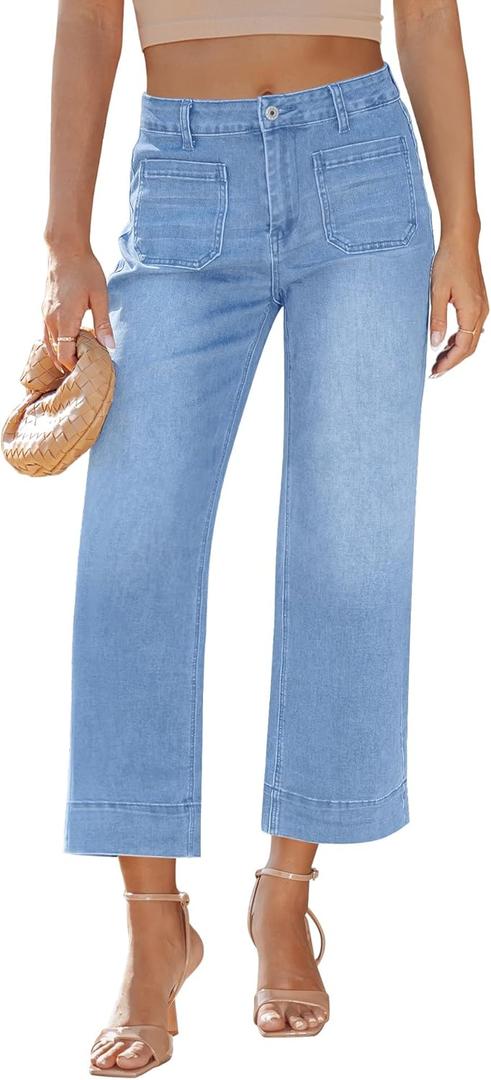 LookbookStore High Waisted Wide Leg Pants for Women Stretchy Jeans for Women Lakeside Blue Plus Size Jeans Cropped Pants Size X-Large 16 18