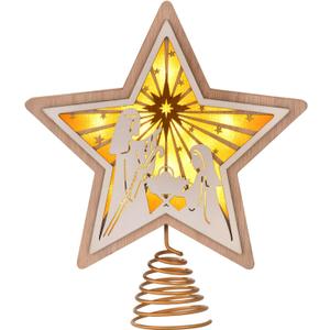 Christmas Star Tree Topper, Wooden 3D Star Glittered Hollow Plug-in Christmas Tree Topper Decoration with LED Light & 6-Hour Timer Function for Indoor Office Holiday Xmas 7.87" x 8.86" (White)