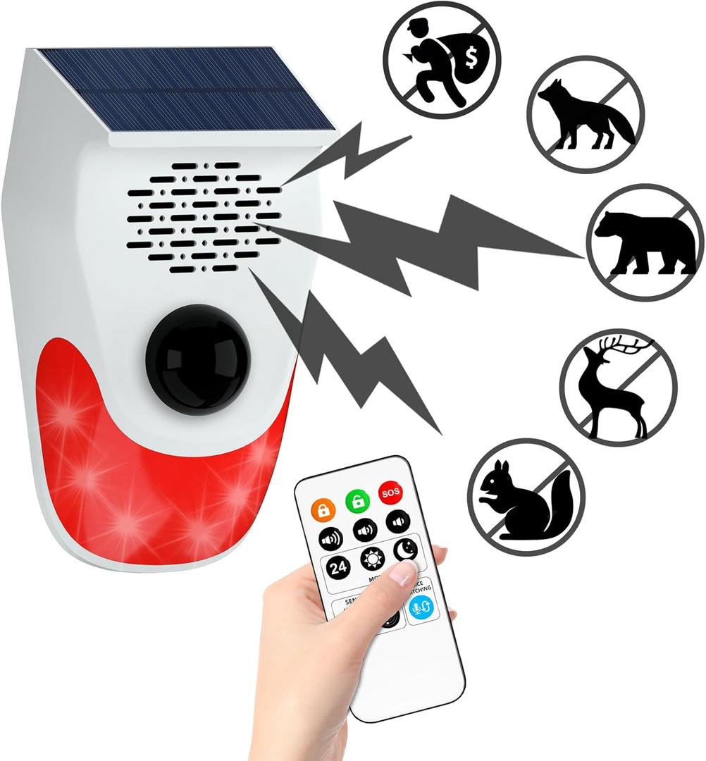 PILSAMAS Solar Motion Sensor Alarm with Custom Voice Upload - 120dB Loud Noise Maker & Strobe Lights, Remote Control, IP65 Waterproof for Deer/Bear Deterrent, Chicken Coop Security, Pool Safety Alerts
