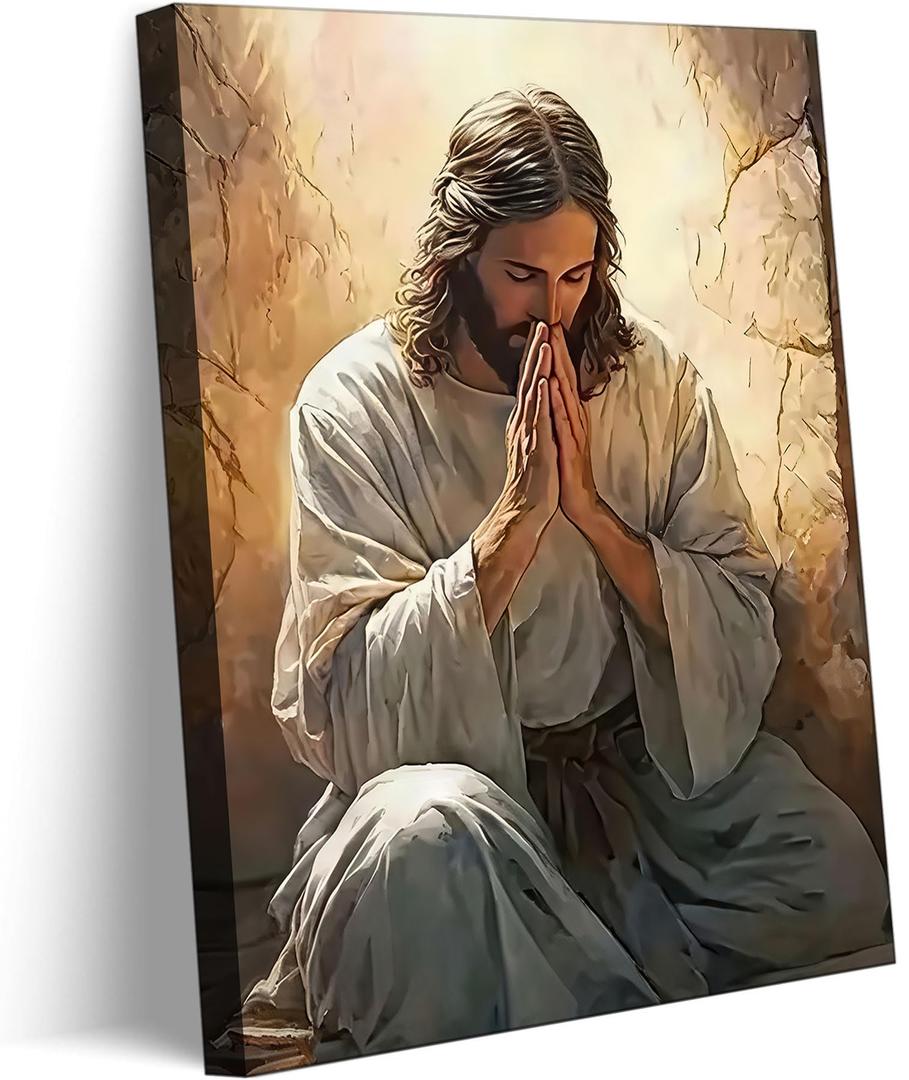 Jesus Prayer Canvas Wall Art Jesus Christ Portrait Wall Decor Picture Christian Bible Stories Poster Print Painting for Living Room Bedroom Church Decoration Ready To Hang