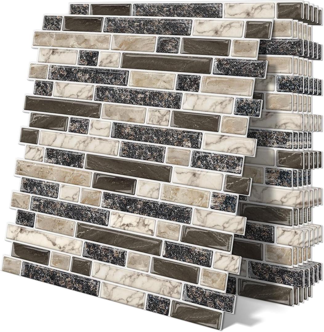 Thick Peel and Stick Backsplash Tile 12"x12" 3D Self Adhesive Marble Tiles for Kitchen and Bathroom Wall (10-Sheet,Brown)