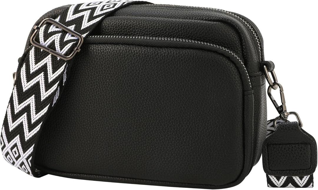 UIBRN Crossbody Purse for Women with Adjustable Wide Guitar Strap, Small Vegan Leather Cross Body Camera Shoulder Bags (Black)