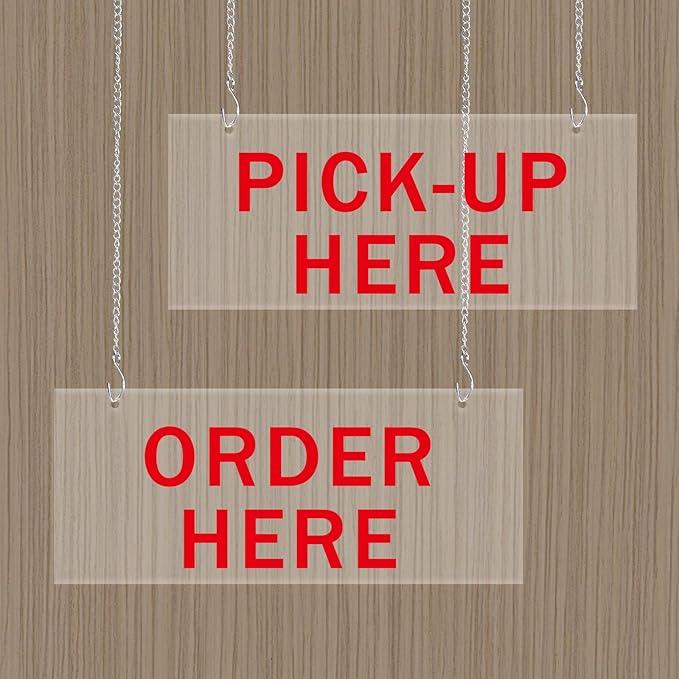 Order Here Sign 2PK Acrylic Hanging Order & Pick-Up Here Signs, 13.5" x 6" Frosted Back, Includes 4 Hooks, Durable Counter Signs for Café, Bakery, Restaurant, Pickup Station (Red Text)