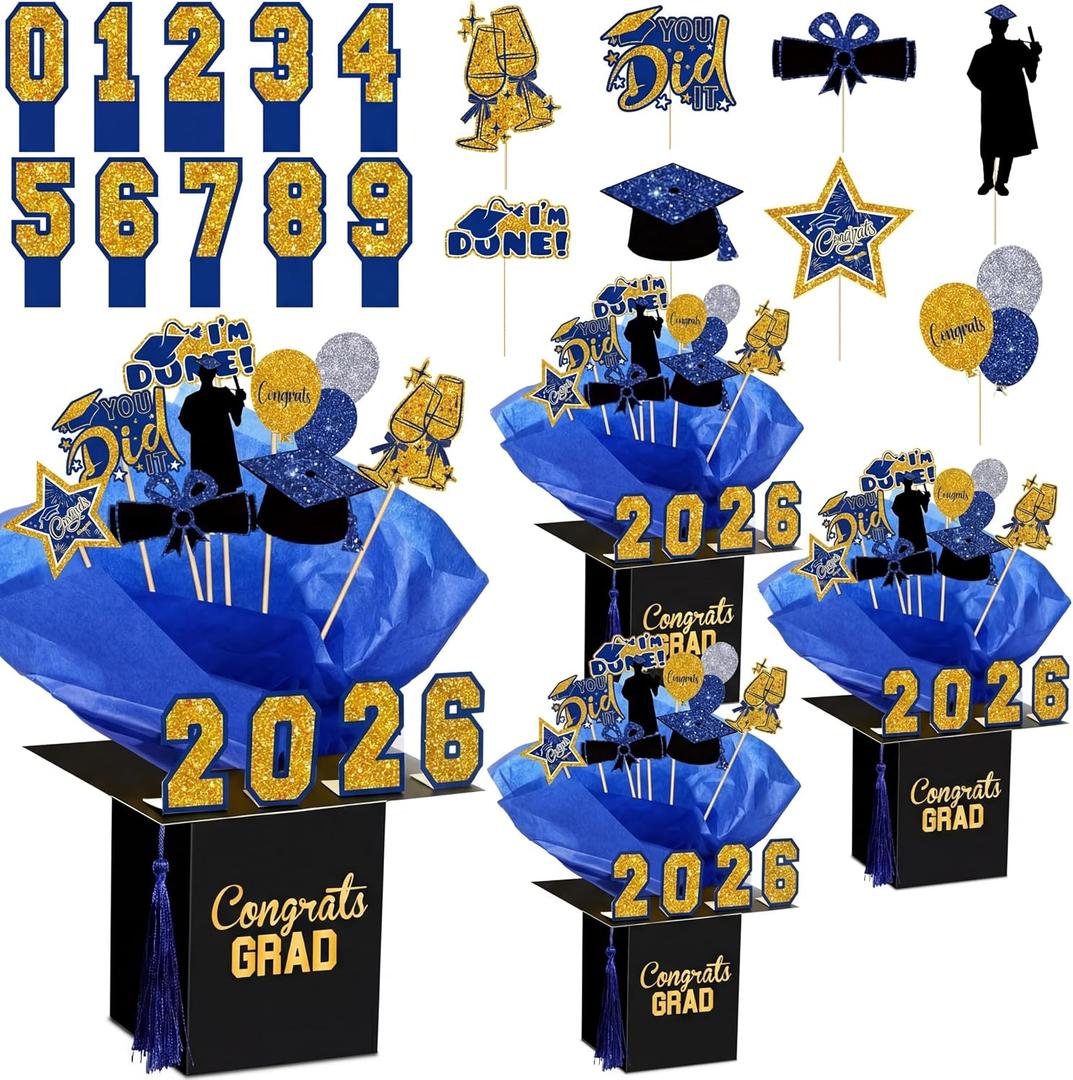 4 Sets 95 Pcs 2026 Graduation Table Decorations Congrats Grad Centerpieces Graduation Cap Shaped Box Congratulate Centerpiece Sticks Table Toppers Congrats Numbers Cutouts(Blue)