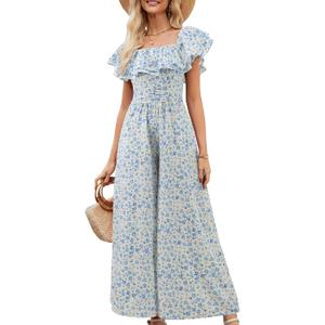 Gardenwed Women's Floral Wide Leg Jumpsuit, Ruffle Short Sleeve Square Neck Summer Casual Palazzo Romper with Pockets (L)