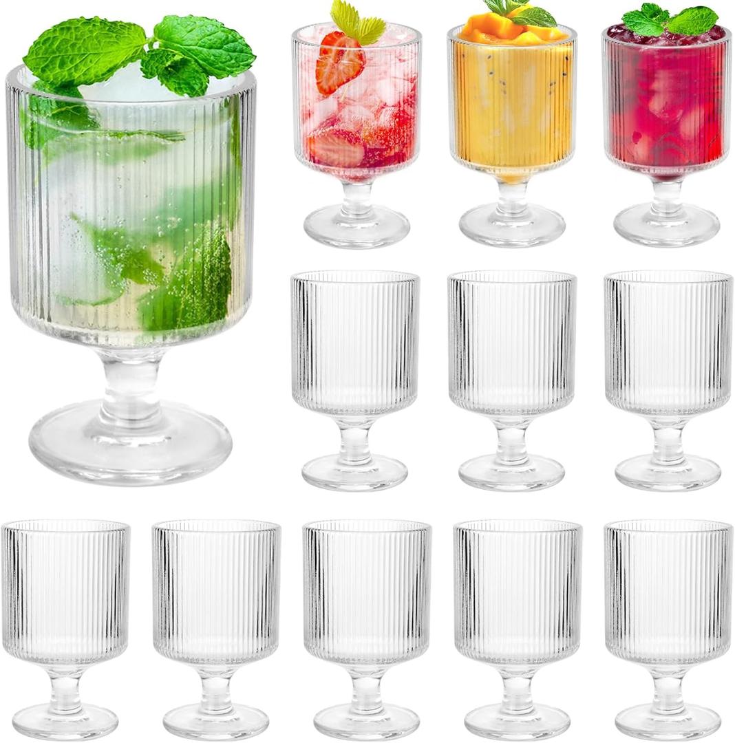 12Pcs Vintage Ribbed Wine Glasses, 6.8 oz Origami Style Goblet Glasses, Clear Short Stem Water Goblets, Cocktail Glasses Glassware for Iced Tea, Beer, Juice, Whiskey, Party