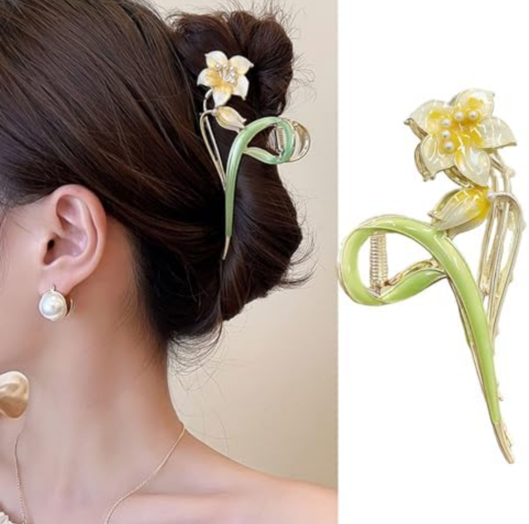 HIFANMM Flower Hair Clips Metal Alloy Hair Accessories for Women Girls, Yellow Lily Hair Claw Clips Pearls Cute Fashion Spring Summer Hairpins Shark Strong Hold Non Slip Large Jaw Clip 2 Pcs