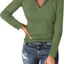 PRETTYGARDEN Spring Quarter Zip Pullover Sweaters for Women 2026 Long Sleeve Collared Fitted Ribbed Knit Tops (Small, Green)