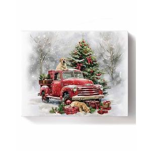 Christmas Paint by Number DIY Oil Painting on Canvas Christmas Red Truck Gift Xmas Tree Dog Pattern Paint by Numbers Kit for Adults and Kids Beginner (with Wooden Frame) 16" x 20",