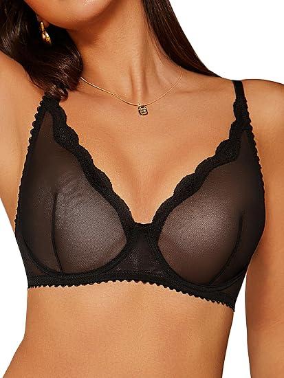 zossav Sexy Bras for Women Mesh Sheer Bralette Lace Trim See Through Unpadded Bra 32B Black