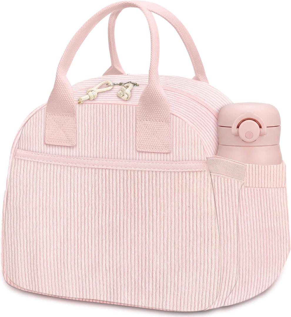Insulated Lunch Bag for Women, Reusable Lunch Box Cute Corduroy Lunch Tote Large Capacity Cooler Bags for Work Picnic(PP Pink)