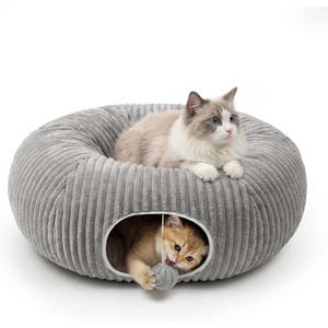 Cat Tunnel Bed for Indoor Cats, Peekaboo Cat Cave Bed,Soft Cat Donut Tunnel for Kitten Large Cats, Grey