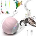 Cat Toys Interactive for Indoor Cats, Touch & Sound Smart Control - Fast slow 2 Speed Motion Activated Cat Ball Toy for Bored Cats With LED Lights, Feathers Tail, USB Charging Cable, 6in1 - Pink