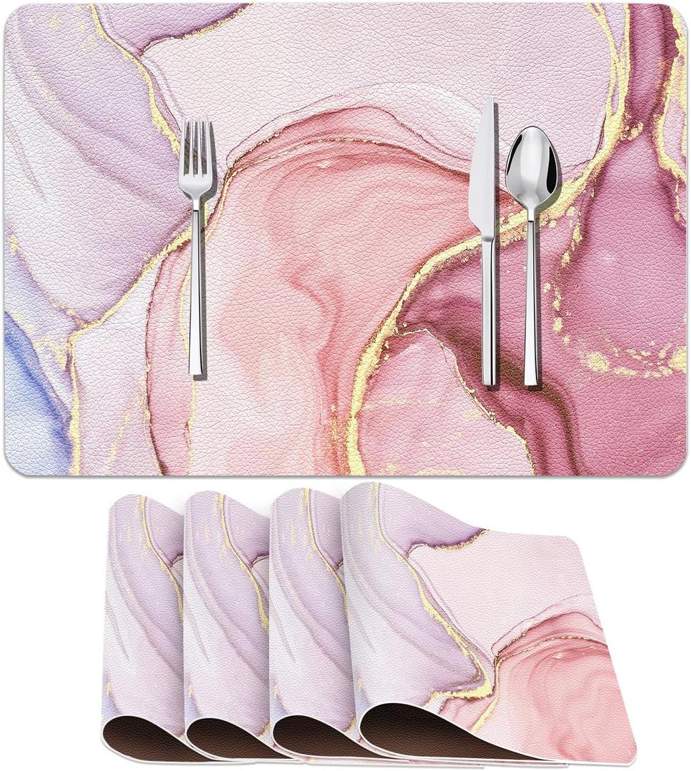 Faux Leather Placemats Set of 4, Marble Watercolor Vintage Pink Girl Cute PU Placemat for Ding Table Heat-Resistant Non-Slip Table Place Mats for Party Coffee Bar,12×17 Inch