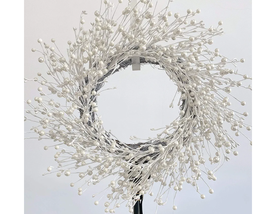 Huashen 24 Inch Winter Front Door Wreath Pearl White Berry Wreath Winter Wreaths for Front Door, Fireplace, Mantel, Xmas Christmas Décor