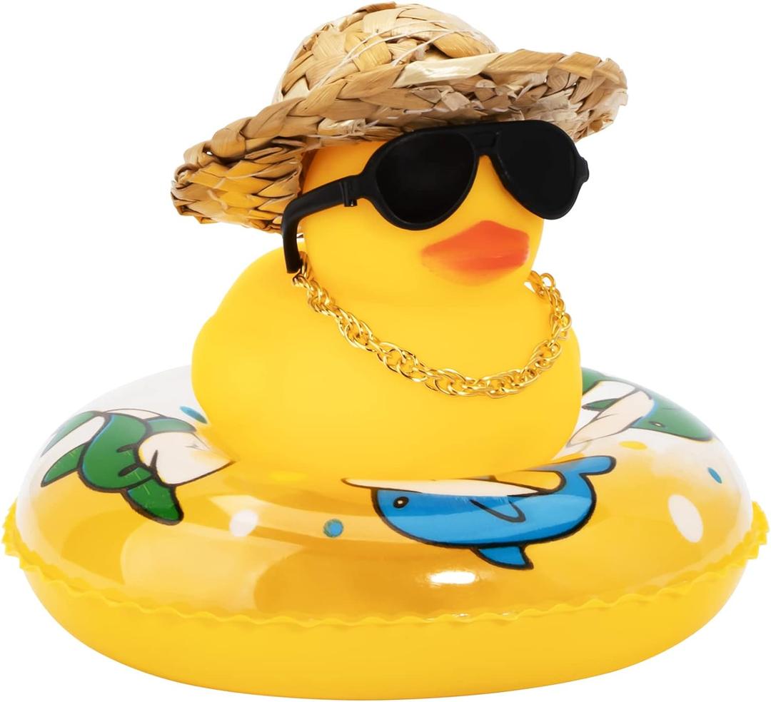 wonuu Car Rubber Duck, Yellow Duck Decoration Dashboard with Sun Hat Swim Ring Necklace Sunglasses for Car Dashboard Decorations
