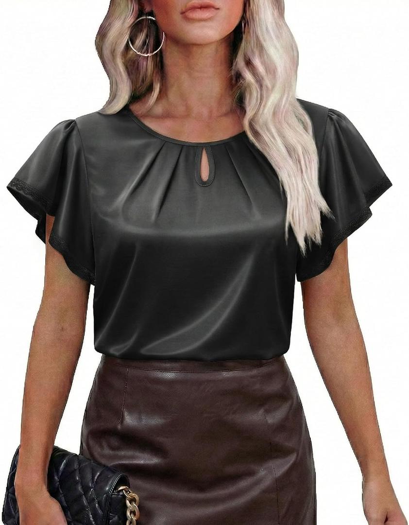 siliteelon Blouses for Women Business Casual Tops for Women Ruffle Short Sleeve Flowy Satin Silk Work Trendy Elegant Summer (Black, S)