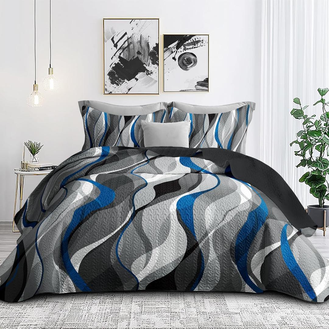 weesire Classic Line Pattern Bedding Quilt King Size Modern Grey Blue and White Stripe Quilt with 2 Shams, Gray and Blue Comforter Sets Lightweight Breathable Bedspreads Coverlet, 96''x106''