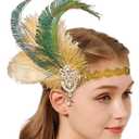 Feather 1920s Flapper Headband for Women, Roaring 20s Headpiece Hair Accessories, Great Gatsby Style with Green, Gold, Water Drills