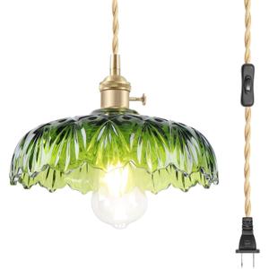 Plug-in Pendant Light Vintage Kitchen Island with Plug-in Cord ON/OFF Switch Green Flower Glass Mid-Century Modern Farmhouse Fixture Small Brass1 Light Deco Chandelier for Dining Room Bedroom