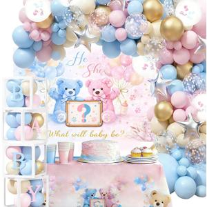 Bear Gender Reveal Party Decorations - 136 Pcs Balloon Arch Kit with Baby Display Boxes, Letters & Backdrop for Baby Shower Boy or Girl Party (Blue-Pink)