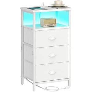 sthmec Nightstand with Charging Station, LED White Nightstand with 3 Fabric Drawers PU Finish, Bedside End Tables, 2-Tier Open Storage Shelf Side Table Nightstand with Drawers for Bedroom, White