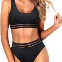 Tempt Me Women Two Piece Scoop Neck Bikini Crop Top Swimsuit Sporty High Waisted Bathing Suit, Black, L