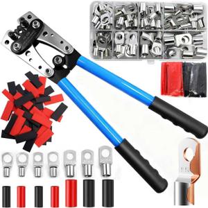SBGGRL Battery Terminal Crimping Tool for 1/0,2,4,6,8,10 Awg Gauge Heavy Duty Wire Cable Lugs Crimper Electrical Connector,60pcs Tinned Copper Ring Terminals and 100pcs Heat Shrink Tubing