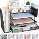 Desk Organizer and Accessories, 4-Tier Desktop File Organizer with Drawer and 2 Pen Holders, Office Desk Accessories, Workspace Organizers for Office Supplies(Black)