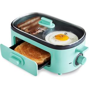 GreenLife 3-in-1 Breakfast Maker Station, Healthy Ceramic Nonstick Dual Griddles for Eggs Meat Sausage Bacon Pancakes and Breakfast Sandwiches, 2 Slice Toast Drawer, Easy-to-use Timer, Turquoise