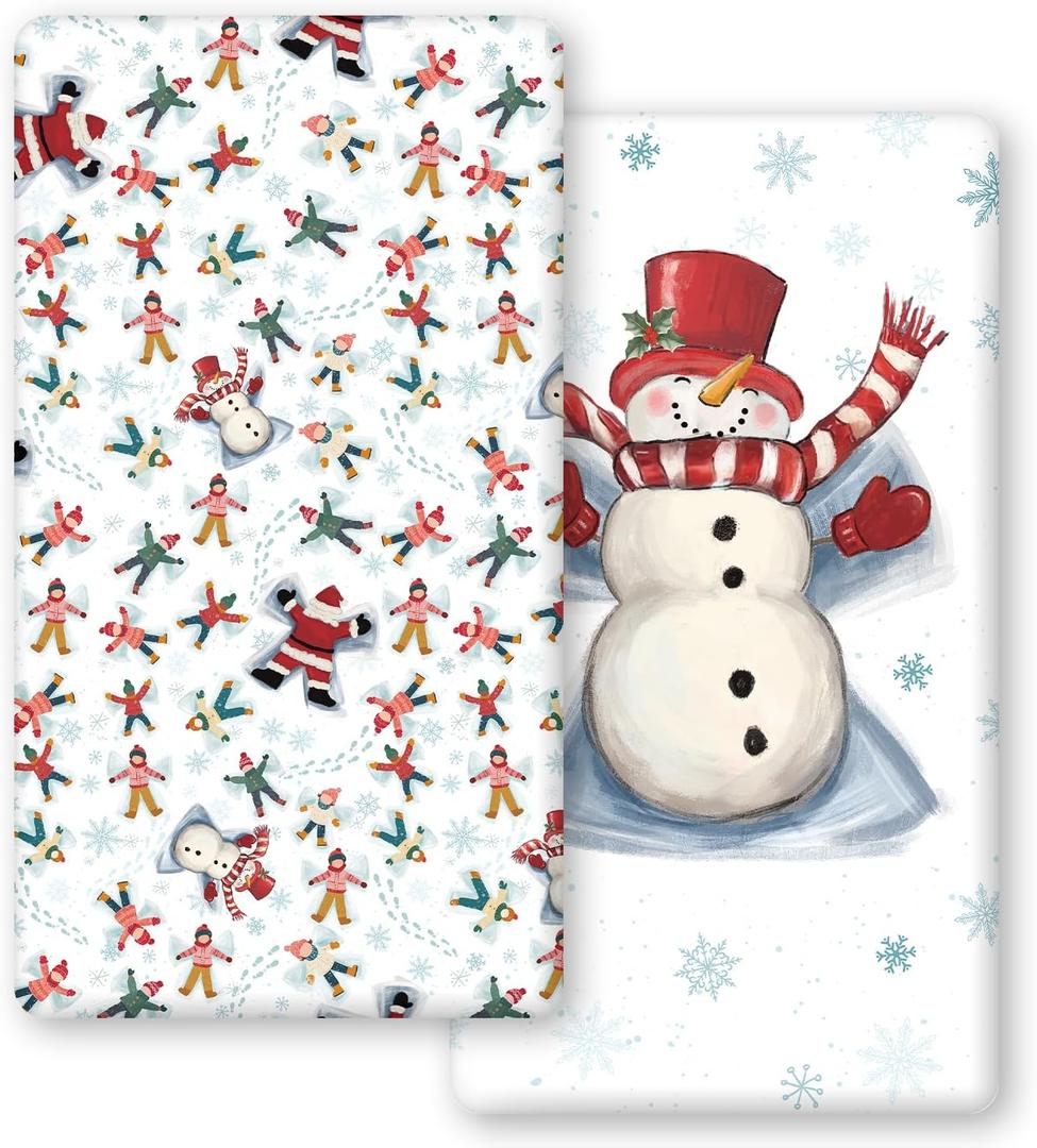 Horaldaily 2 Pack Fitted Crib Sheet for Boys Girls,Soft Breathable Washable Jersey Microfiber Baby Crib Sheet, Fits Standard Size Crib Mattress 28in x 52in, Snowman Nursery Sheet White/Red