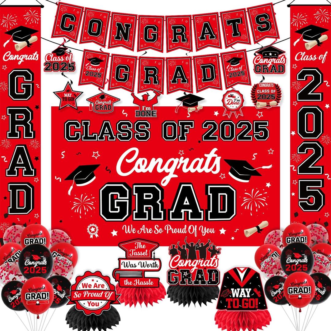 Graduation Decorations Class of 2025 Red and Black Party Decor Set include Congrats Grad Banner Graduation Backdrop Class of 2025 Balloons Party Supplies