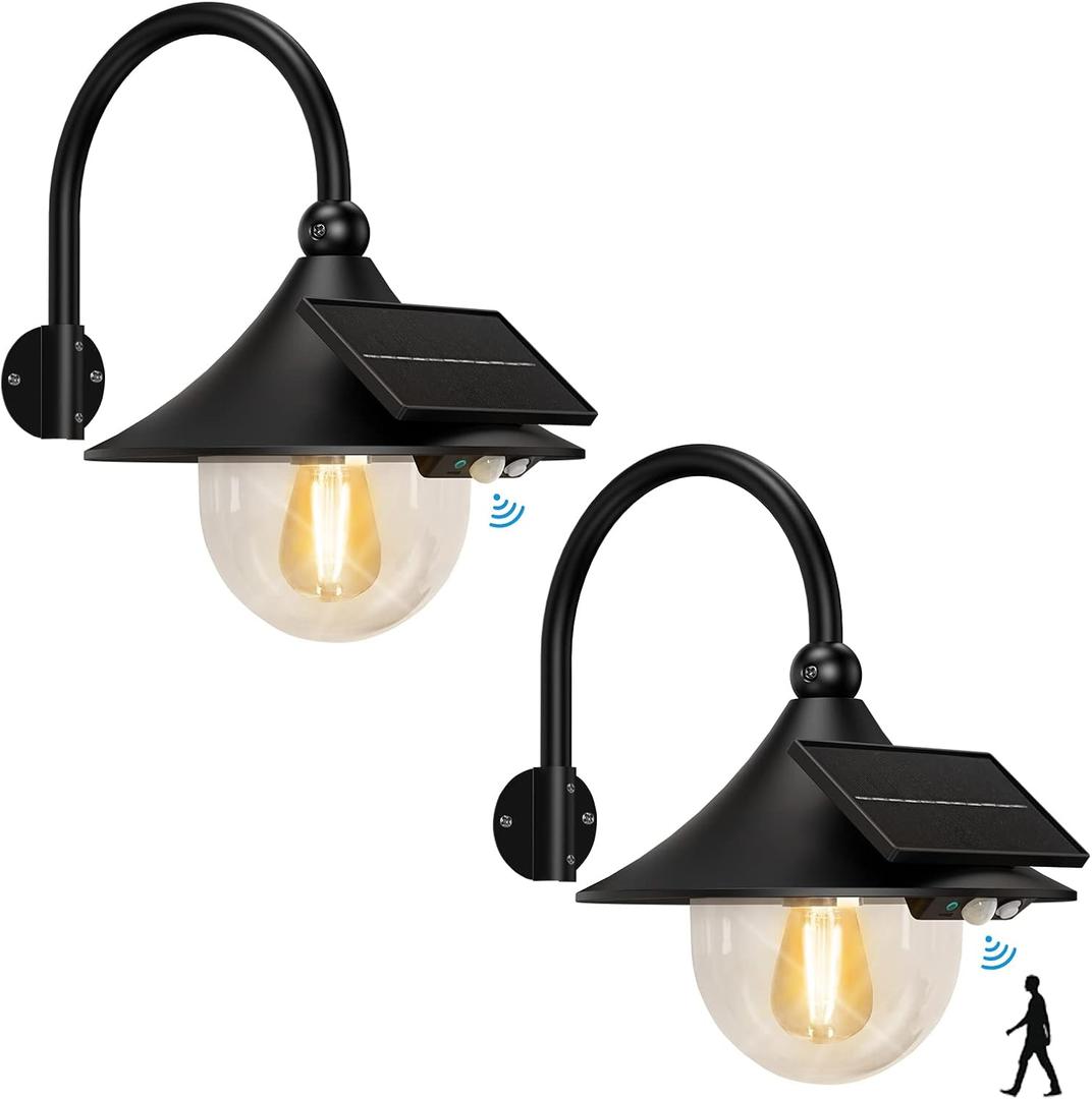 Aqonsie Solar Barn Lights with 3 Lighting Modes & Motion Sensor, Rustic Vintage Solar Shed Light, Waterproof Outdoor Wall Light for Barn, Shed, Chicken Coop, Porch (Black (2 Pack))