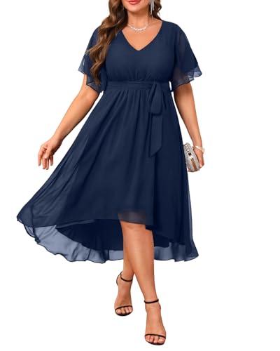Plus Navy Blue Dress Mother of the Bride Wedding Guest Formal Chiffon Short Sleeve High Low Semi Formal Dress Women (16 Plus, Navy Blue)