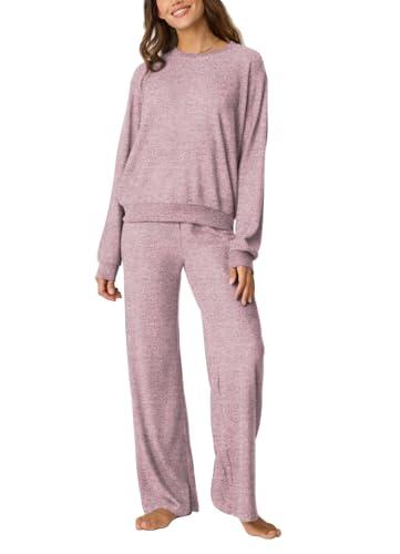 Aamikast Women's 2-Piece Lounge Set Soft Brushed Jersey Sleepwear Pajamas Set with Long Sleeve Top & Elastic Waist Wide Leg Pants (Small,Pink)