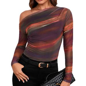 Women's Off The Shoulder Shirts Tie Dye Long Sleeve Mesh Casual Top Trendy Ruched Slim Fitted Tees (XS)