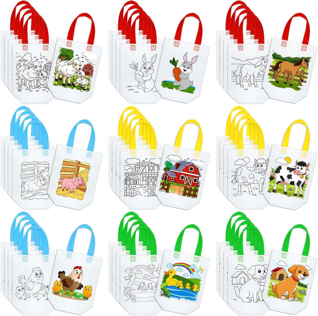 Kacctyen 45 Pcs Farm Animals Color Your Own Goodie Bags Craft Bulk Reusable Coloring Art Party Favor Paint Graffiti Bags for Farm Theme Barnyard Birthday, 9 Styles