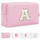 Personalized Initial Letter Makeup Bag, Preppy Glitter Letter Patch Cosmetic Pouch Zipper, PU Waterproof Travel Toiletry Bag Cute Makeup Organizer Monogrammed Make Up Bag, Gift for Women Girls(Letter A)