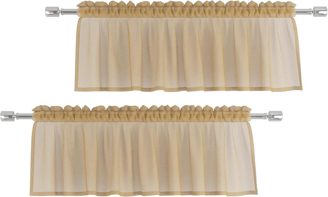 Brown Valances 2 Pieces Sheer Valences 18 inch Curtains Living Room Window Curtain Bedroom Kitchen Small Short Mini Curtain Panels Topper Rod Pocket 52"x18"