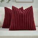 FUTEI Pack of 2 Solid Faux Fur Plush Throw Pillow Covers 16x16 Inch Soft Fluffy Striped Decorative Cushion Cases Modern Farmhouse Accent for Couch Bed Living Room, Burgundy