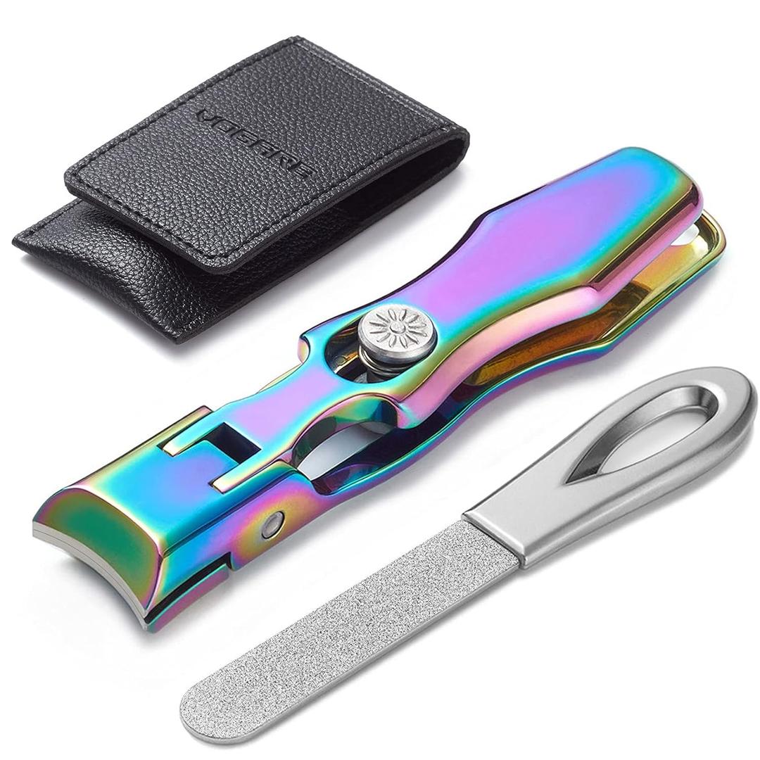 Nail Clippers for Thick Toenails, Safety Lock Extra Large Wide Jaw Opening Finger Nail Clipper with Catcher Heavy Duty for Men Women Adult Seniors (Rainbow with File)