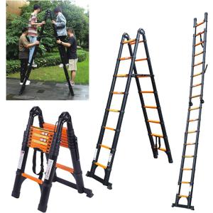 JADDUO Telescoping Ladder A Frame, 16.5 Ft Compact Aluminum Extension Ladder, Portable Telescopic RV Ladder for Outdoor Camper Trips Motorhome with Tool Platform and Stabilizer Bar, 330 lbs Black