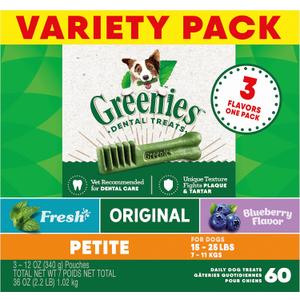 Greenies Petite Dental Dog Treats, 3-Flavor Variety Pack, (3) 12 oz. Pouches, 60 Total Treats (EXP 10/01/25)