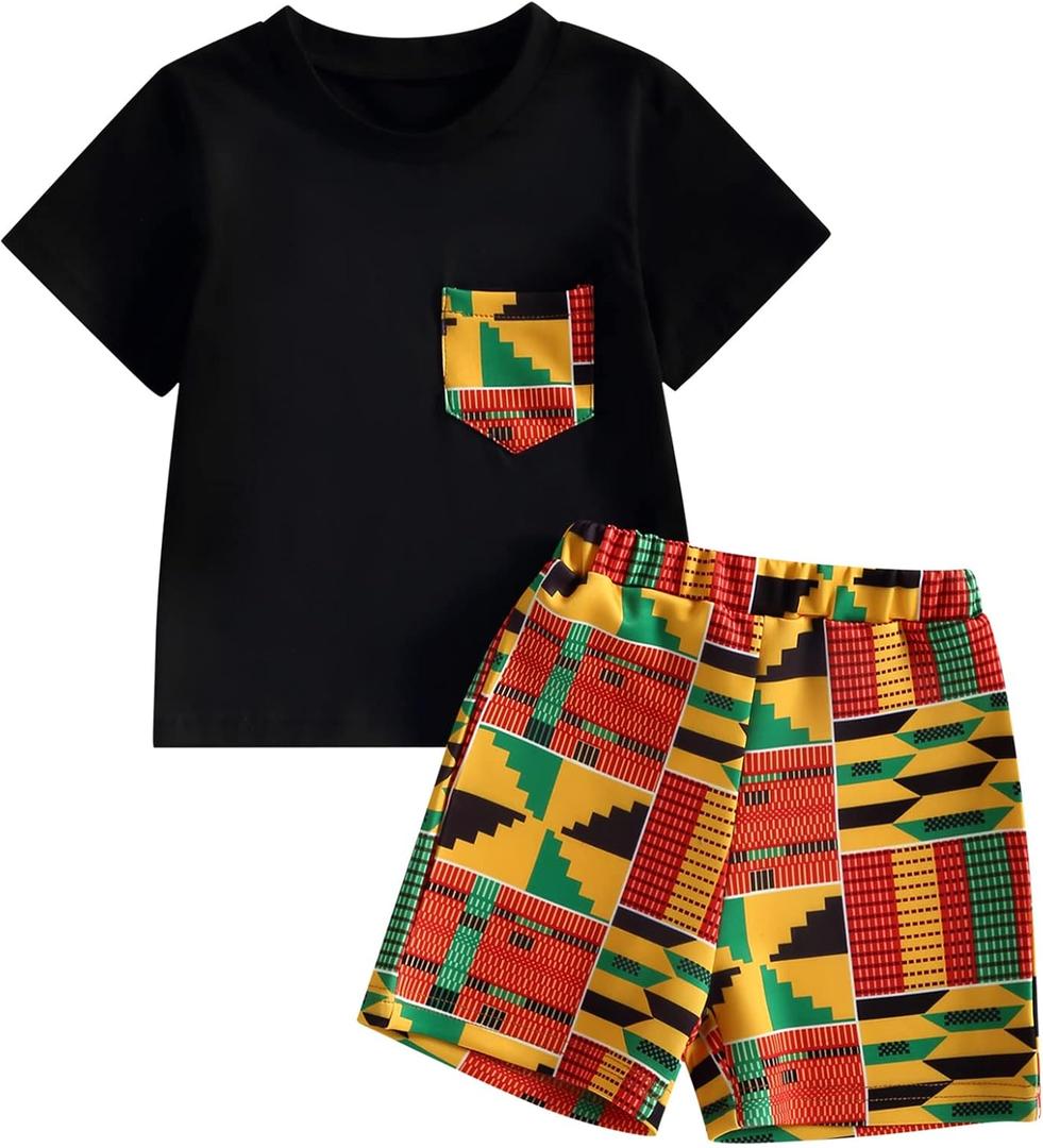 Mubineo Toddler Boy Girl Summer Dashiki Clothes African Print Outfits Kids Kente T Shirts Shorts Set (Black Yellow Red, 4 Years)