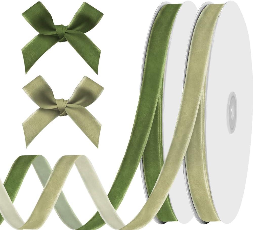 ALIBBON 2 Rolls 3/8 inch x 20 yd Sage Green Velvet Ribbon Light Green Thin Ribbon Assorted Solid Ribbons for Gift Wrapping Sewing Bows Crafts Wedding Birthday Party Spring Easter Christmas Decorations