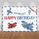 Mocsicka Airplane Birthday Backdrop - Red & Blue Airplane Party Decorations - 'How Time Flies' Happy Birthday Photo Background Banner (7x5ft)