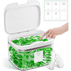 94OZ Laundry Pods Container, Clear Dishwasher Pod Container Holder Storage Dispenser, Laundry Room Organization for Dryer Sheet/Powder with Scoop and Labels, Plastic
