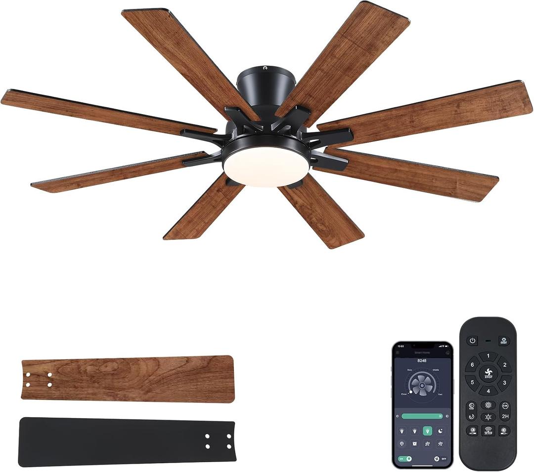 52'' Low Profile 8 Blade Ceiling Fans with Lights Flush Mount Brown