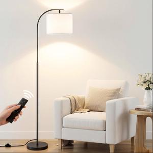 SIBRILLE Floor Lamp with Linen Shade, Arc Dimmable Tall Standing Lamp with Remote Control, Modern Floor Reading Light for Living Room Bedroom Office Corner, 9W LED Bulb Included