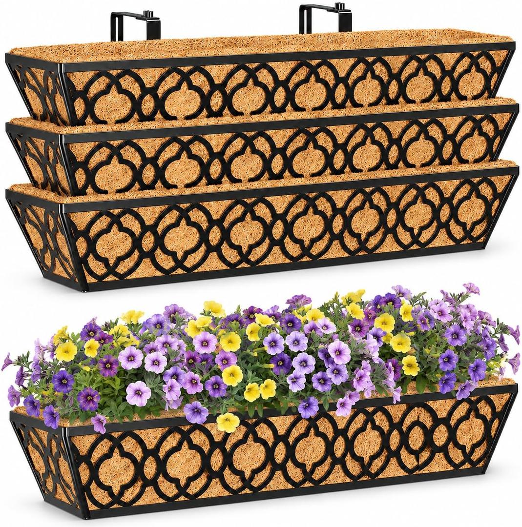 Y&M 4Pcs 30'' Railing Planter Box Set with Coconut Coir Liner, Flower Boxes with Adjustable Brackets, Large Metal Hanging Window Boxes for Fence, Deck, Balcony, and Outdoor Garden